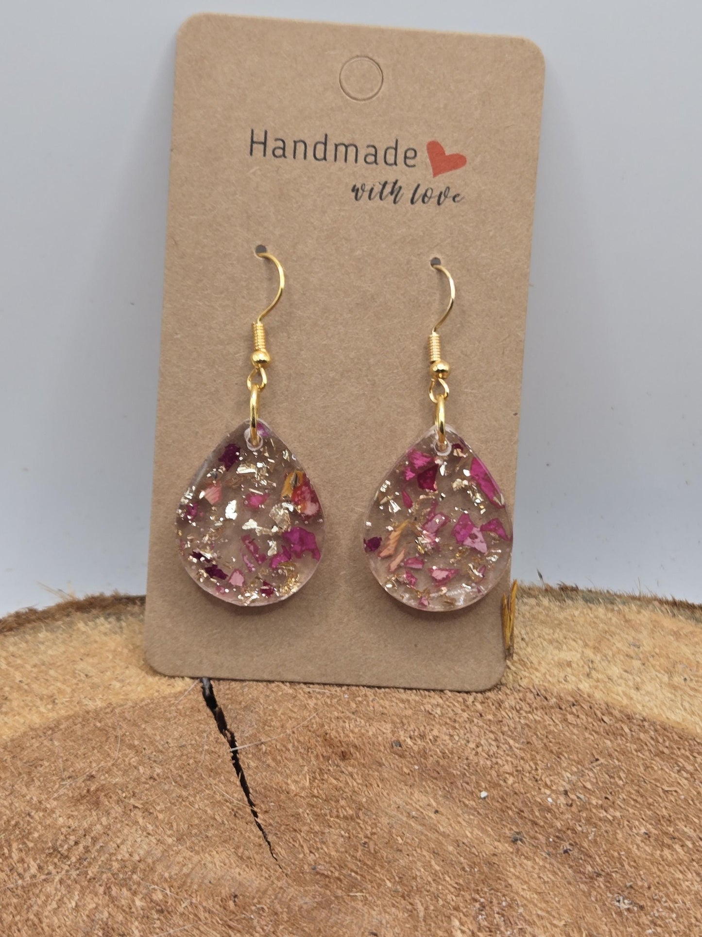 Real Rose Petal Teardrop Earrings with Gold Flakes | Botanical Resin Jewelry with Meaning