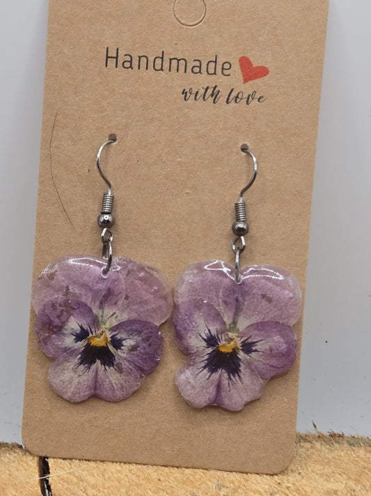 Real Pressed Pansy Flower Dangle Earrings – Two Tone, Botanical Resin Jewelry