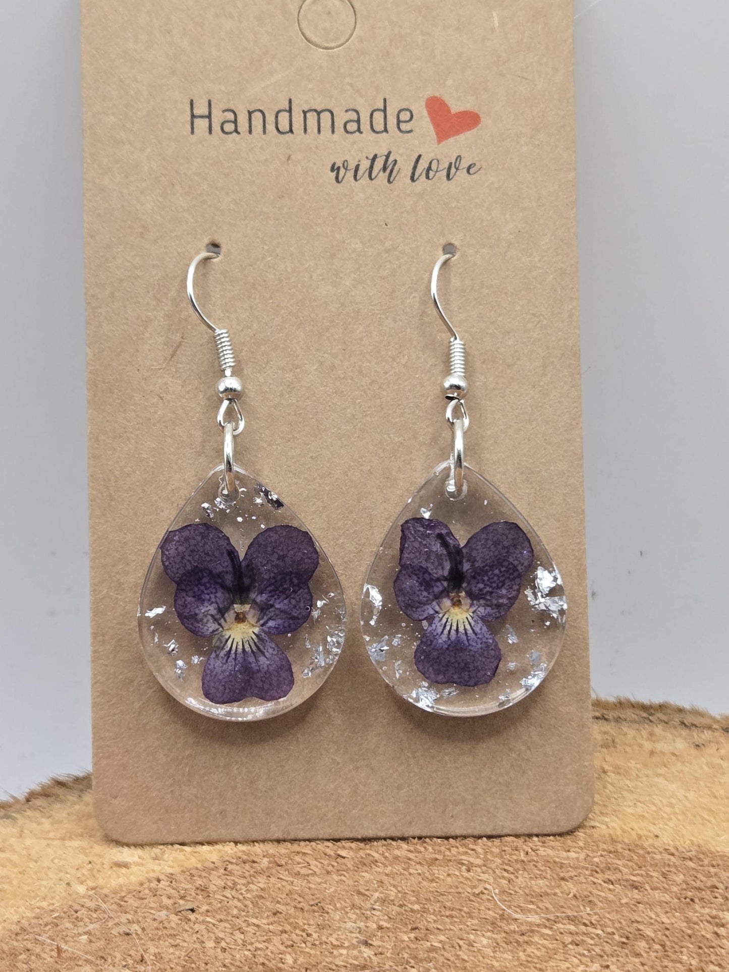 Pressed Violet Flower Earrings with Silver Flakes – Handmade UV Resin Jewelry