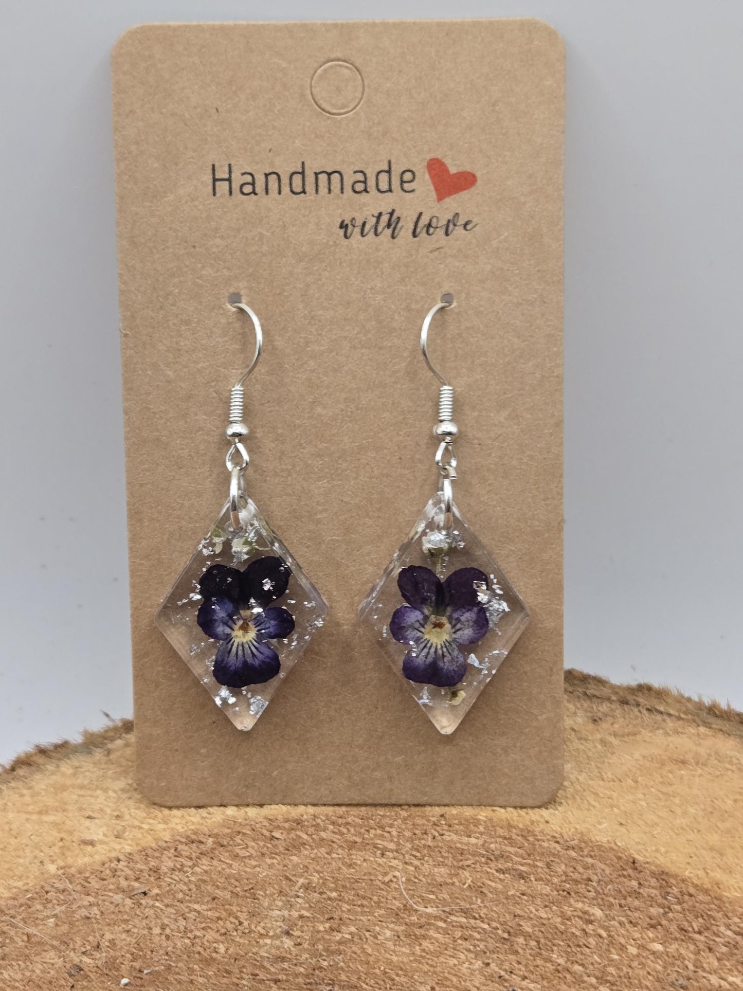 Pressed Violet Flower Earrings with Silver Flakes – Handmade UV Resin Jewelry