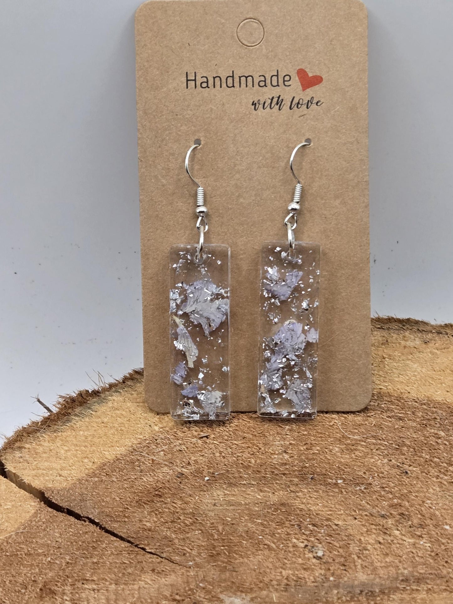 Pressed Hydrangea Resin Earrings – Lavender, Silver Flake Real Flower Jewelry