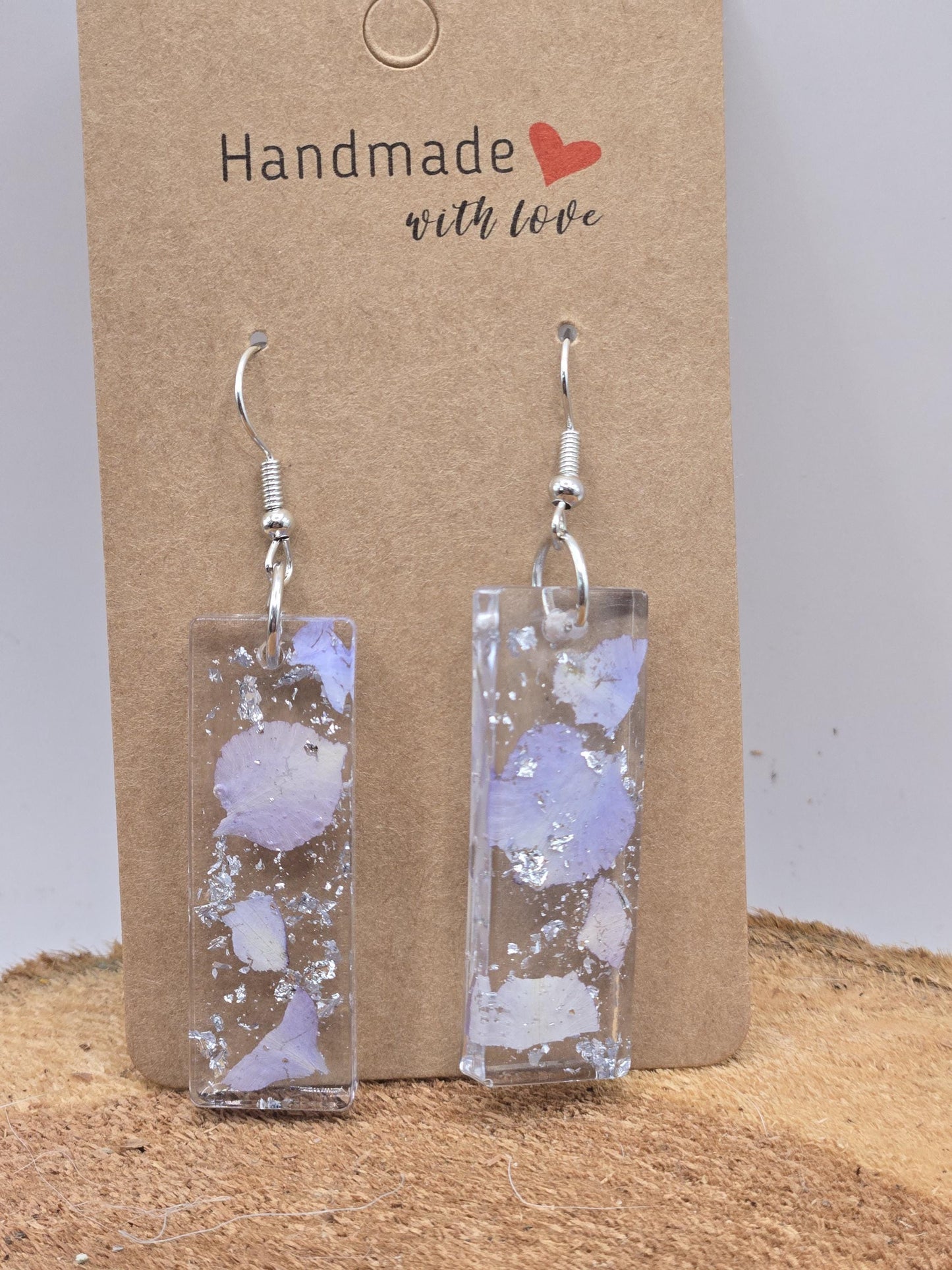 Pressed Hydrangea Resin Earrings – Lavender, Silver Flake Real Flower Jewelry