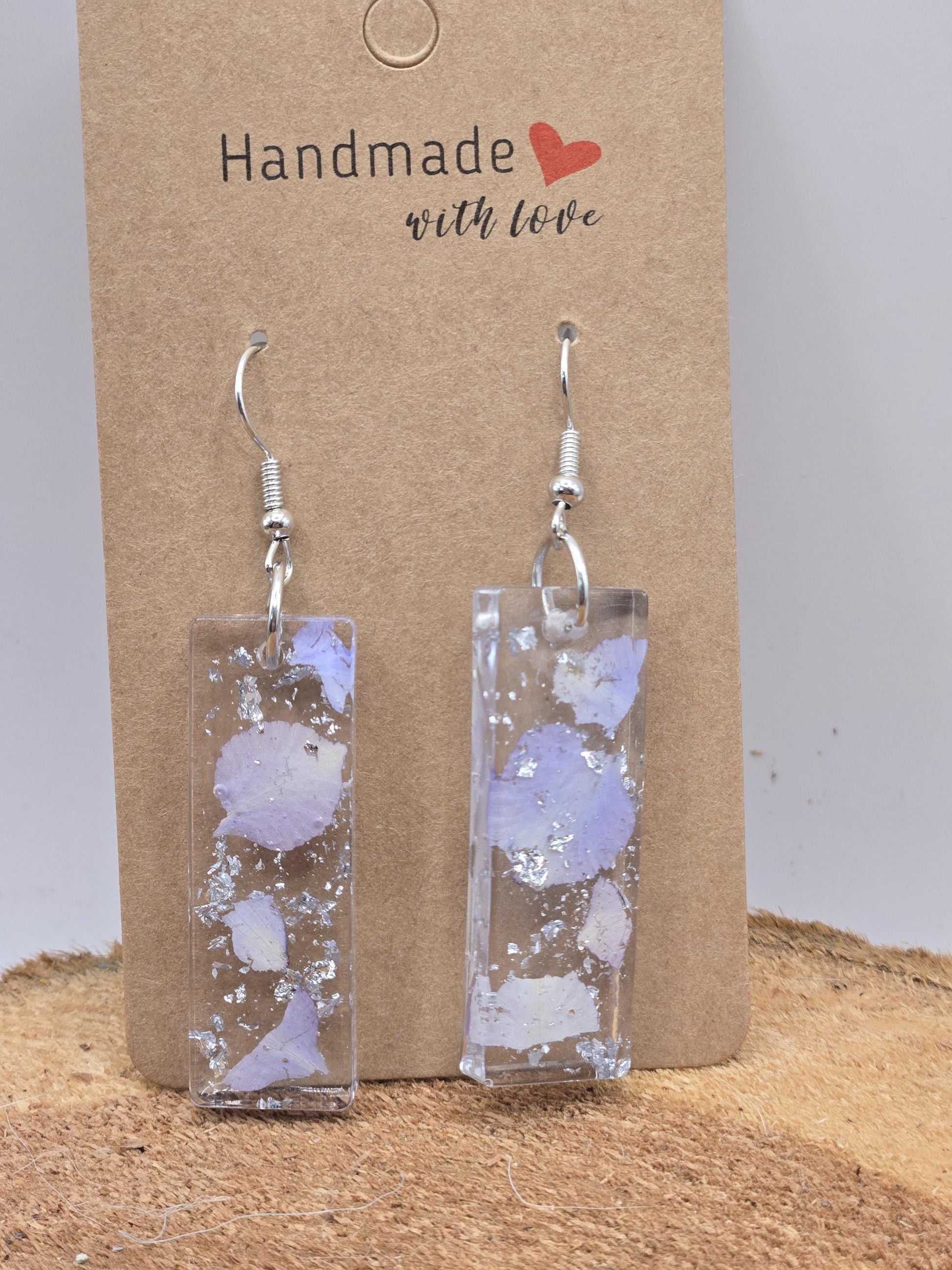 Pressed Hydrangea Resin Earrings – Lavender, Silver Flake Real Flower Jewelry