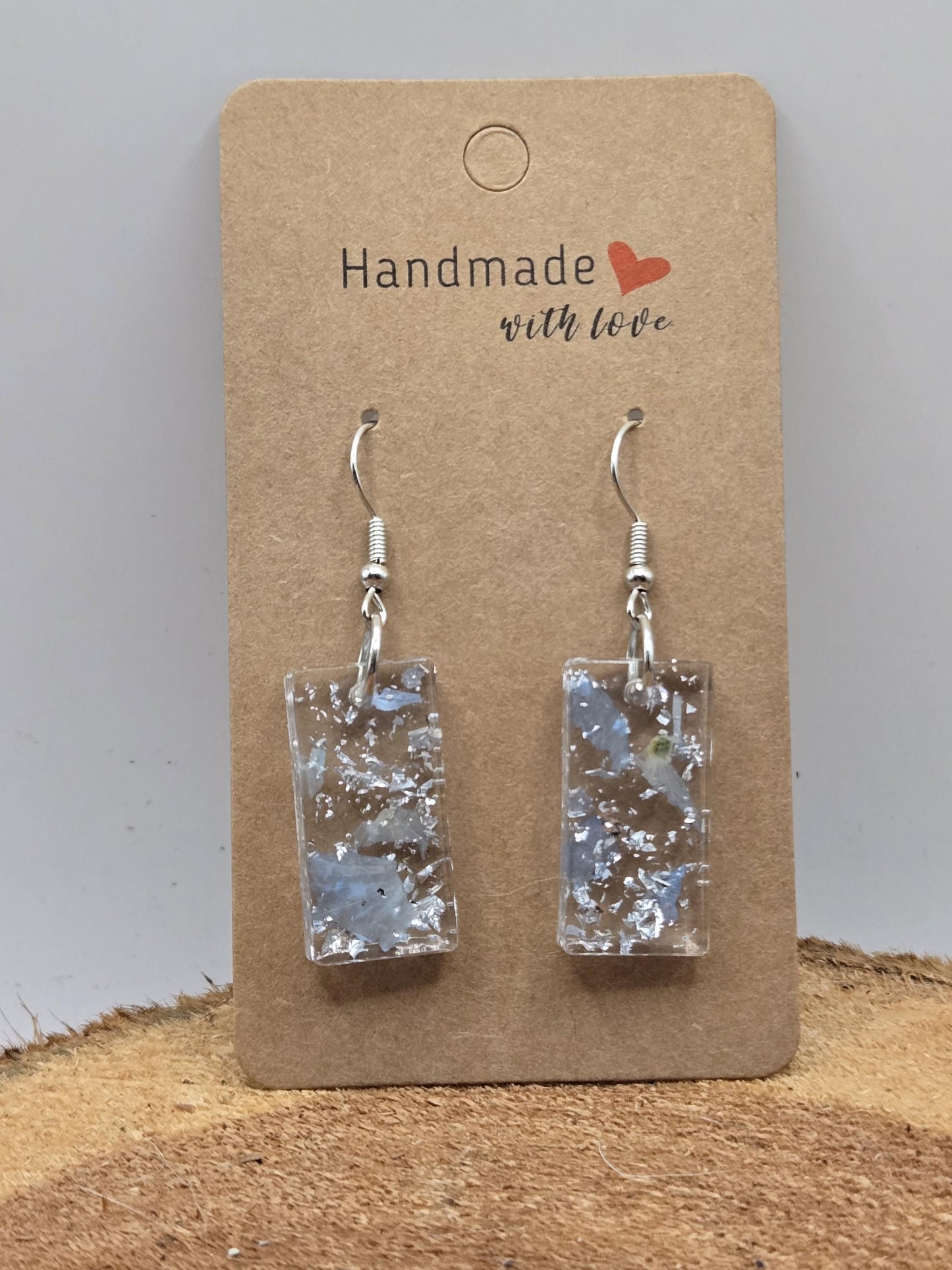 Pressed Hydrangea Resin Earrings – Real Flower Jewelry with Silver Flakes - Blue Tones