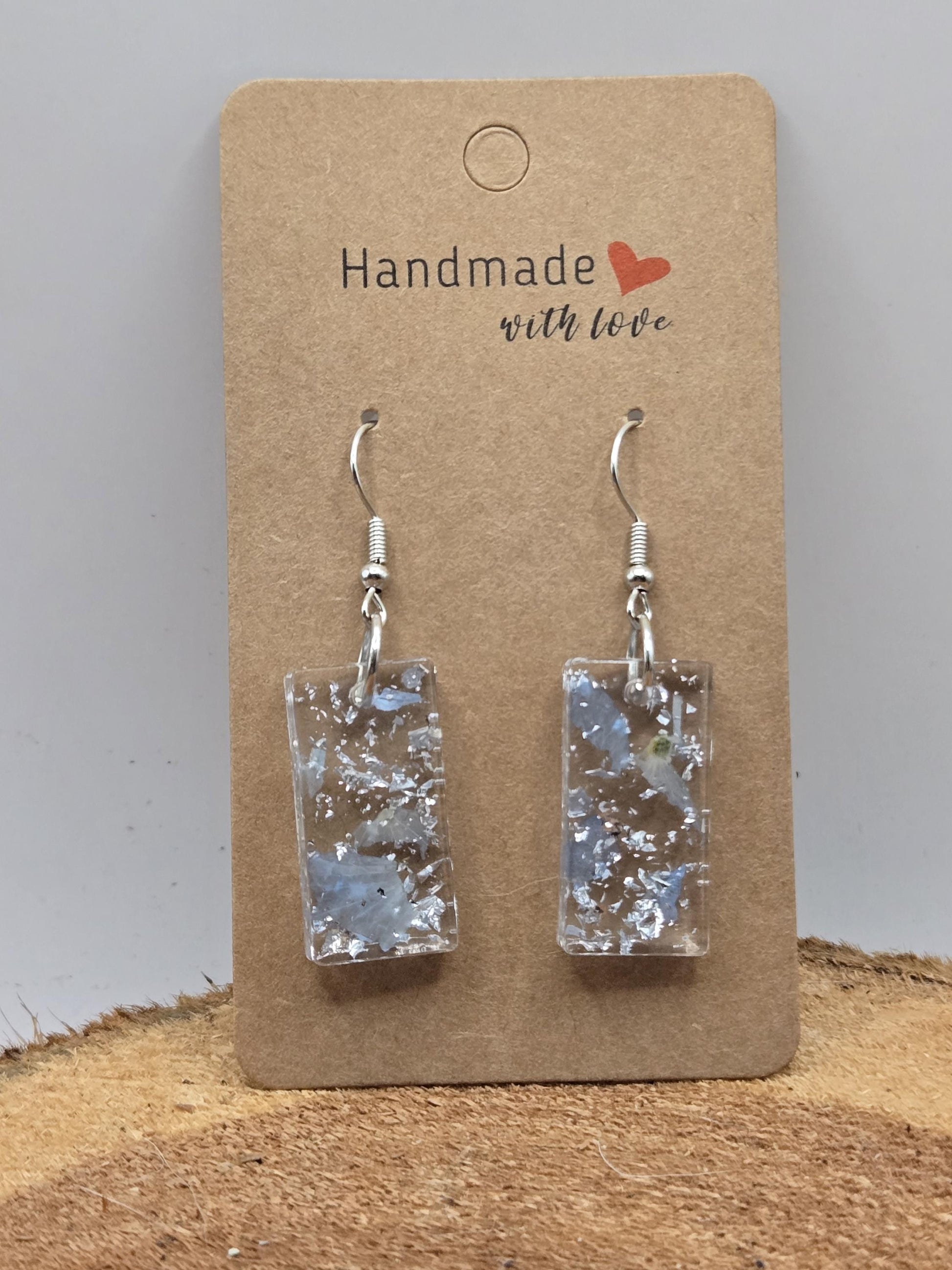 Pressed Hydrangea Resin Earrings – Real Flower Jewelry with Silver Flakes - Blue Tones