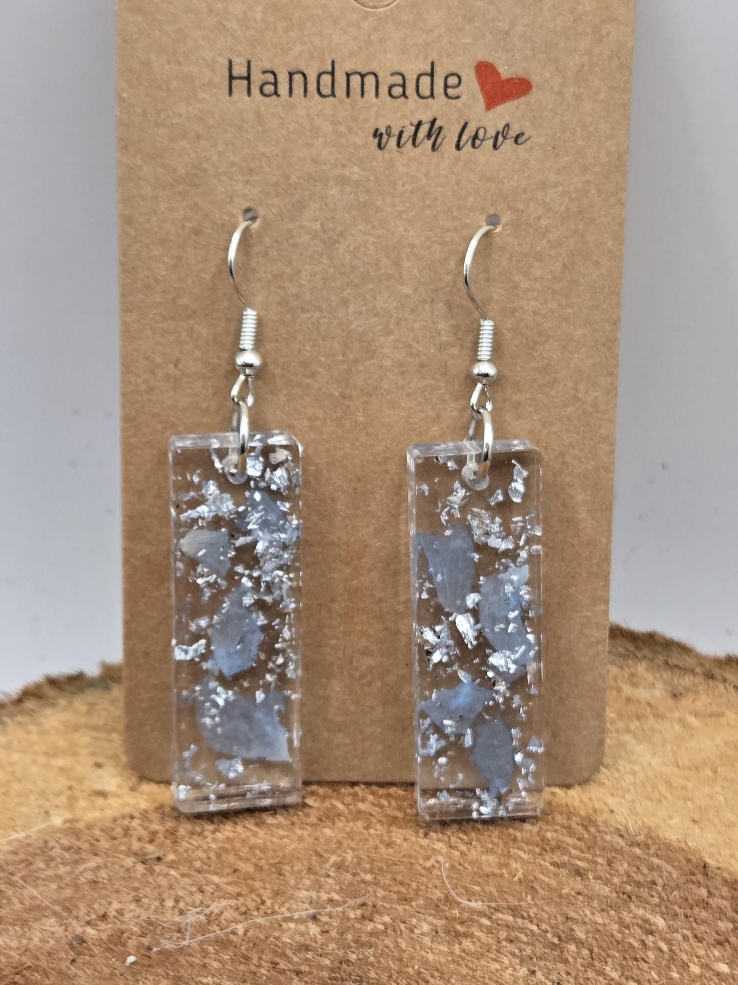 Pressed Hydrangea Resin Earrings – Real Flower Jewelry with Silver Flakes - Blue Tones
