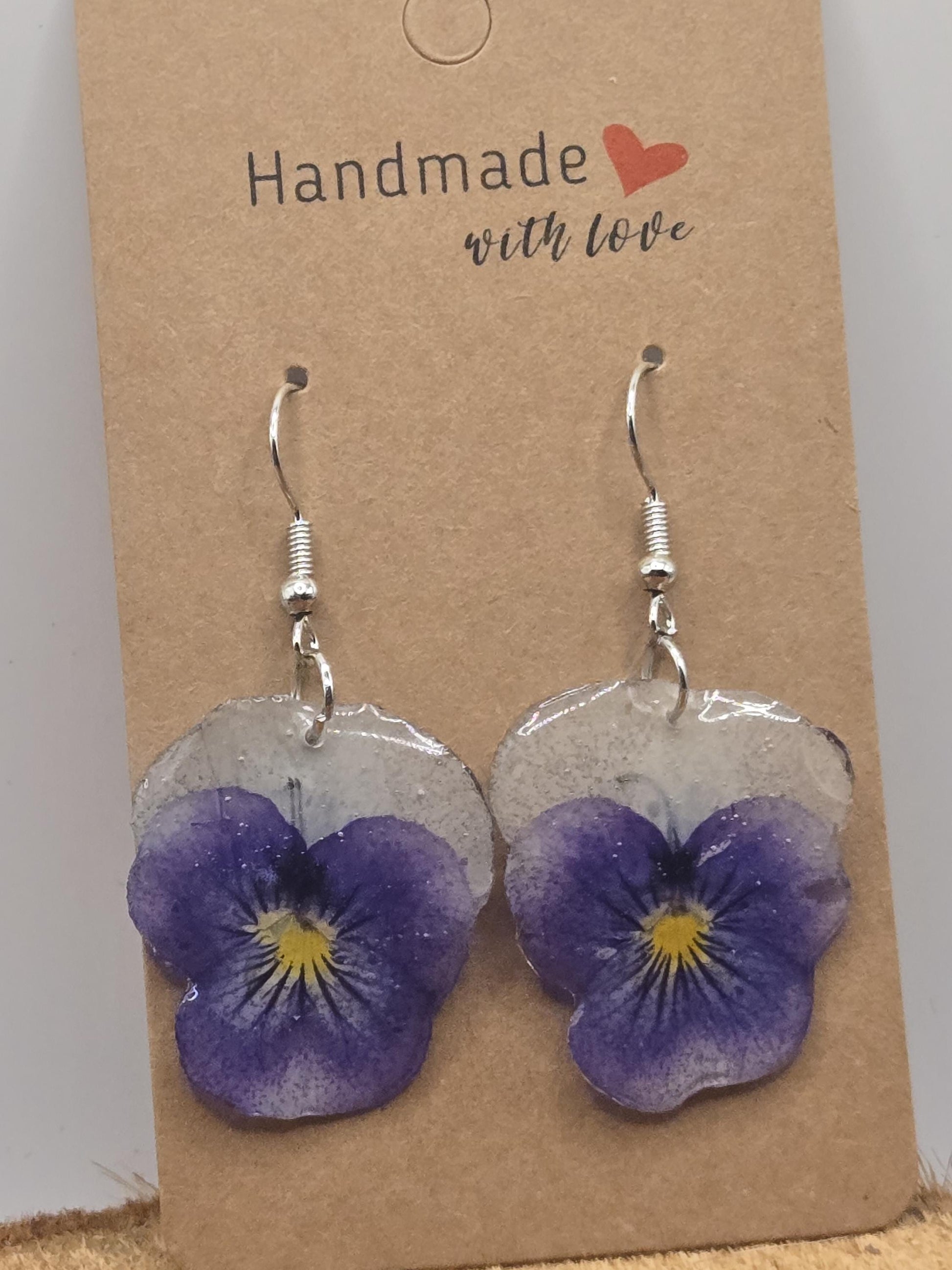 Real Pressed Pansy Flower Dangle Earrings – Two Tone, Botanical Resin Jewelry