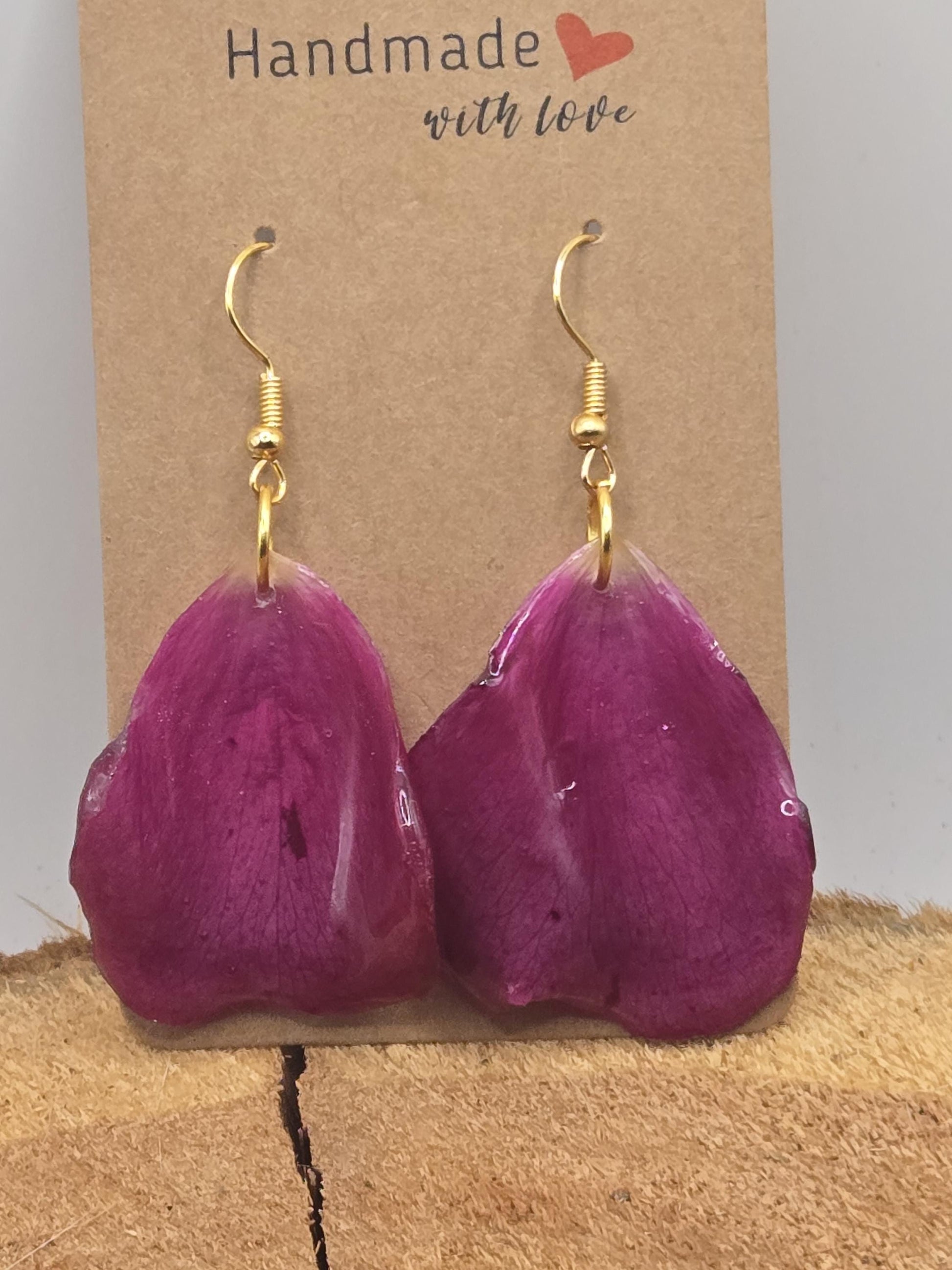 Real Rose Petal Earrings | Resin Botanical Jewelry, Gold Hooks