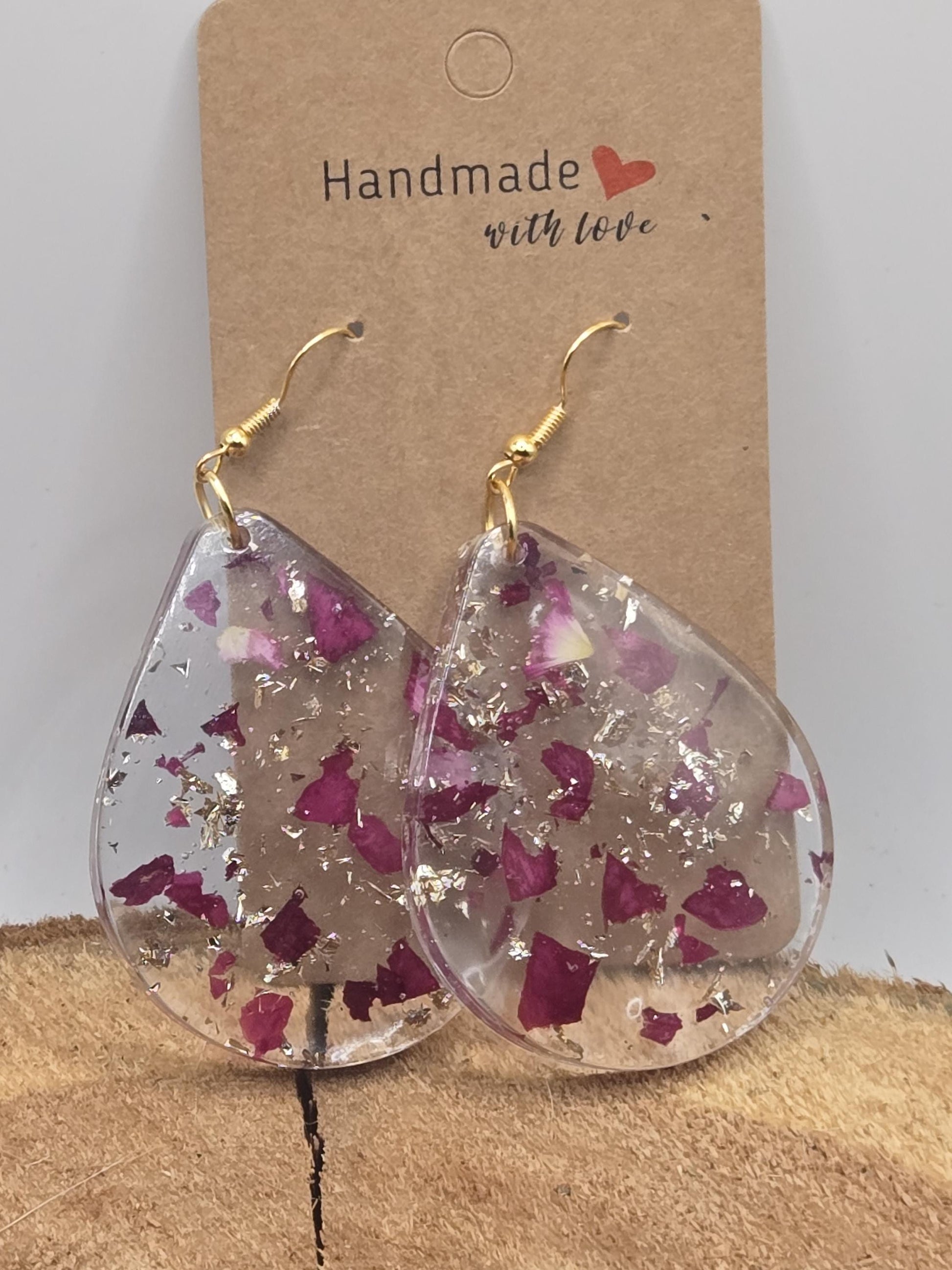 Real Rose Petal Teardrop Earrings with Gold Flakes | Botanical Resin Jewelry with Meaning