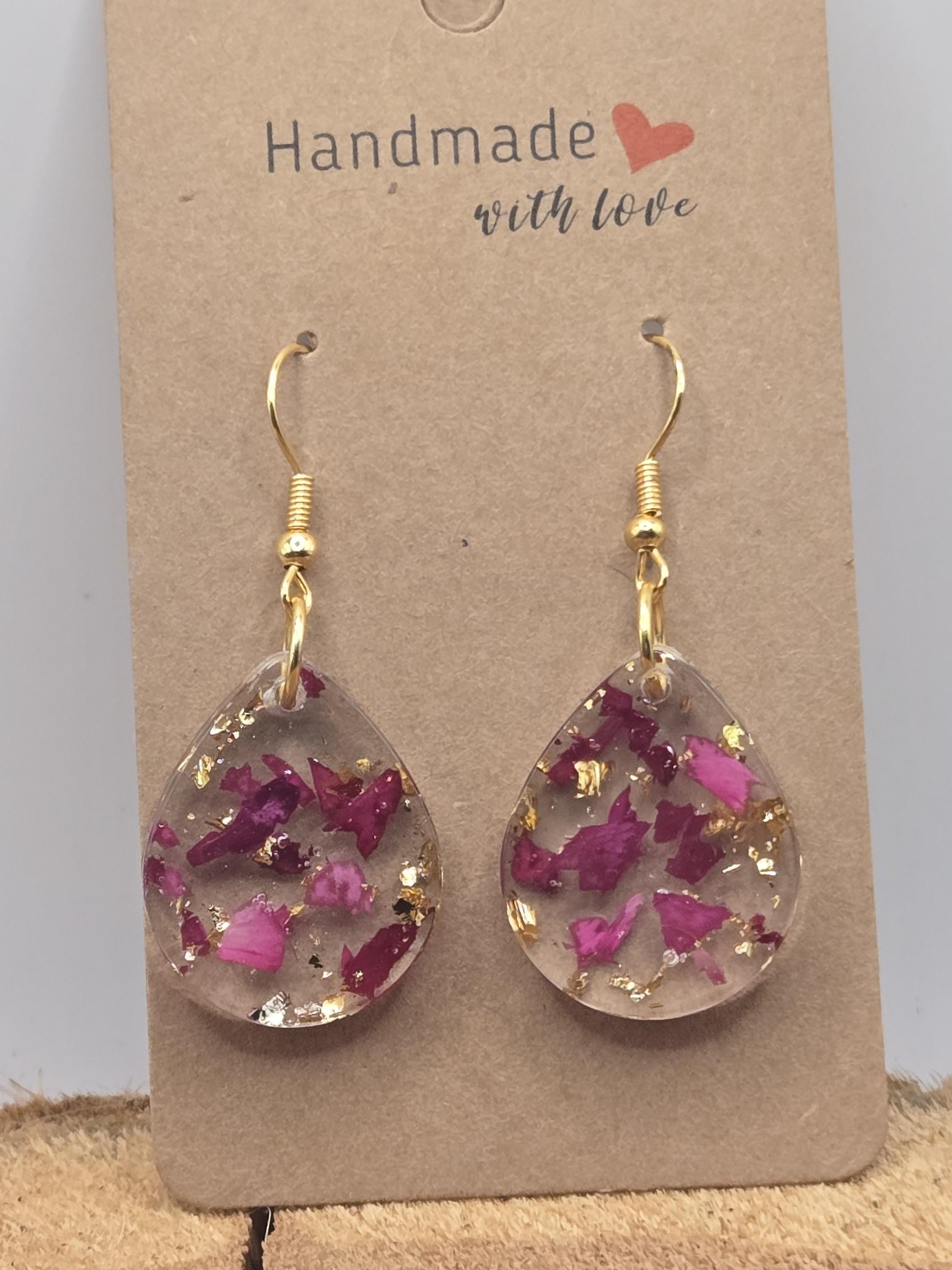 Real Rose Petal Teardrop Earrings with Gold Flakes | Botanical Resin Jewelry with Meaning