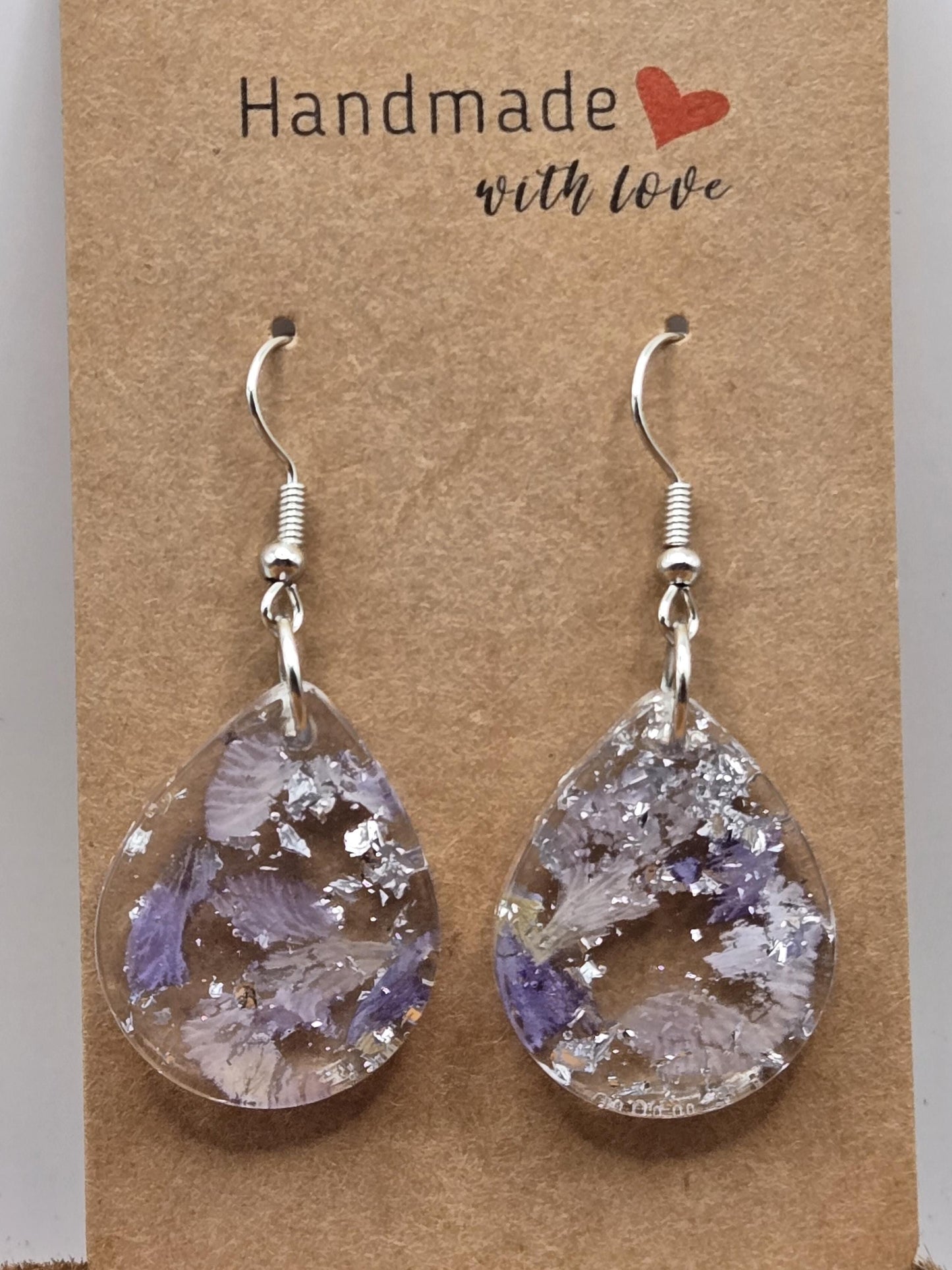 Pressed Hydrangea Resin Earrings – Lavender, Silver Flake Real Flower Jewelry