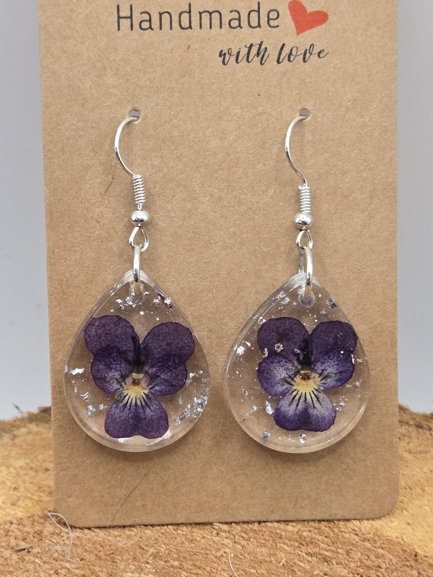 Pressed Violet Flower Earrings with Silver Flakes – Handmade UV Resin Jewelry