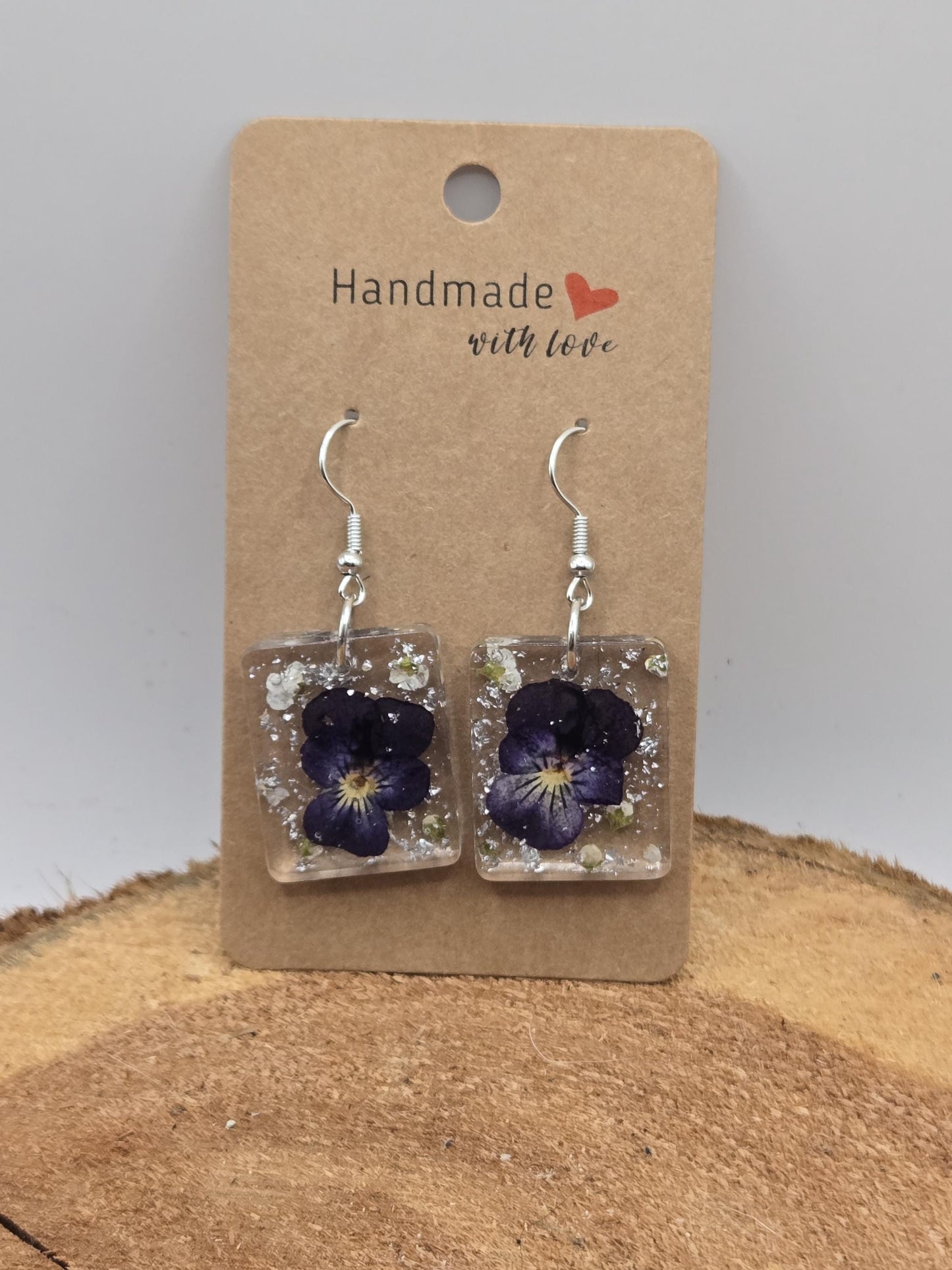 Pressed Violet Flower Earrings with Silver Flakes – Handmade UV Resin Jewelry