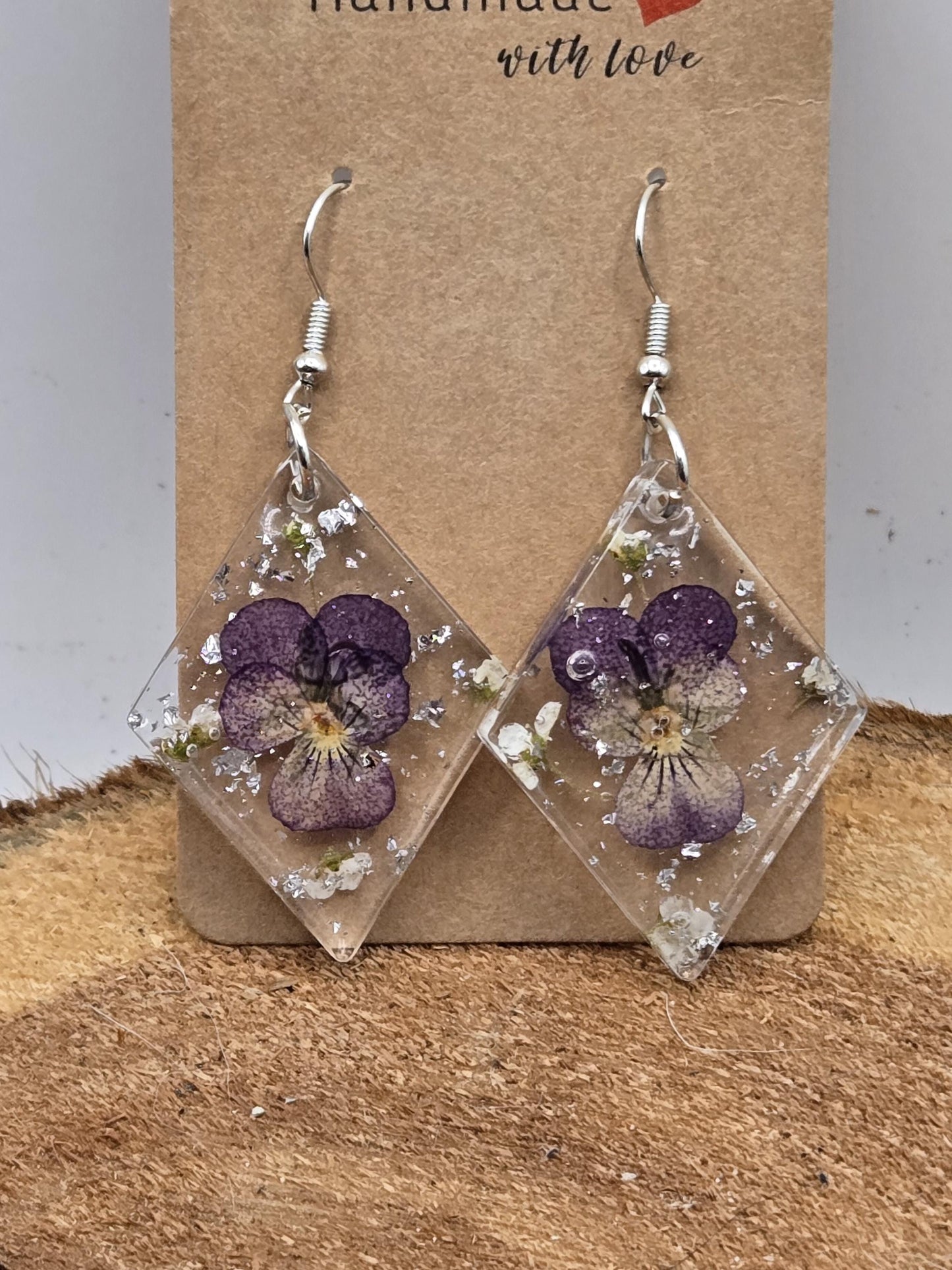 Pressed Violet Flower Earrings with Silver Flakes – Handmade UV Resin Jewelry