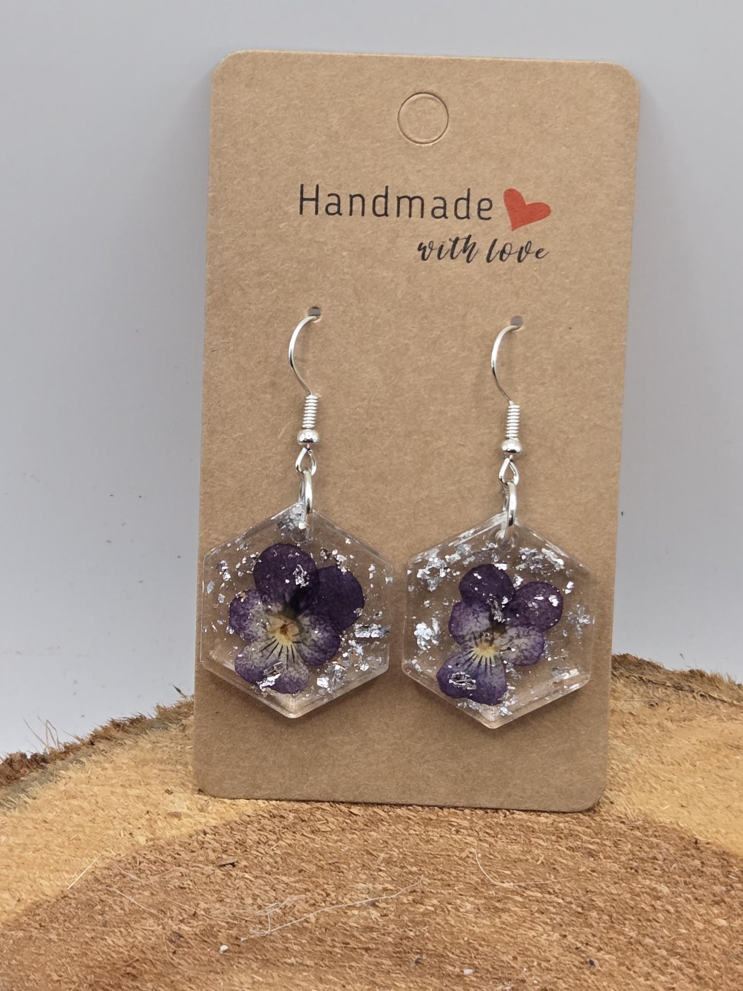 Pressed Violet Flower Earrings with Silver Flakes – Handmade UV Resin Jewelry