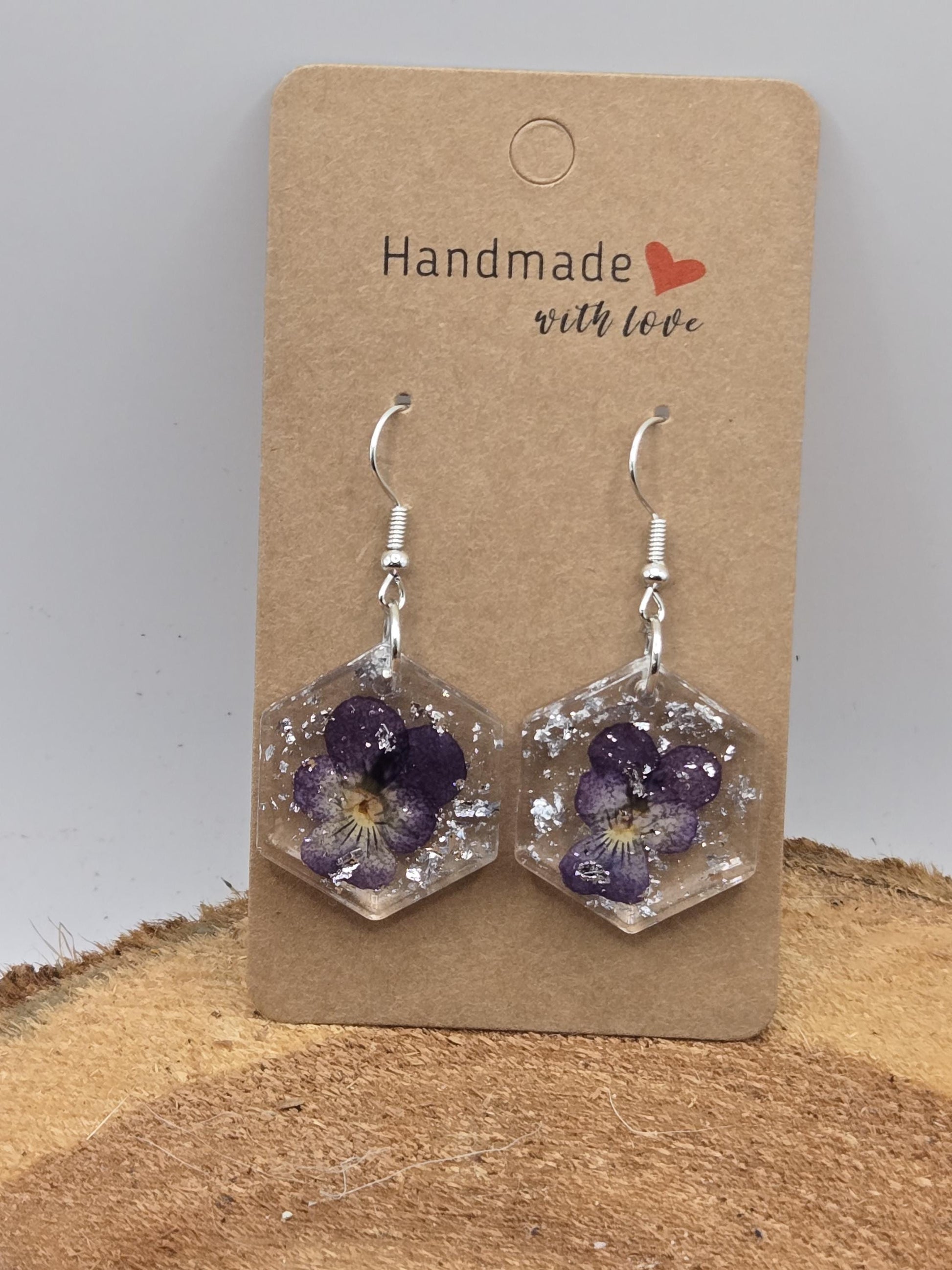 Pressed Violet Flower Earrings with Silver Flakes – Handmade UV Resin Jewelry