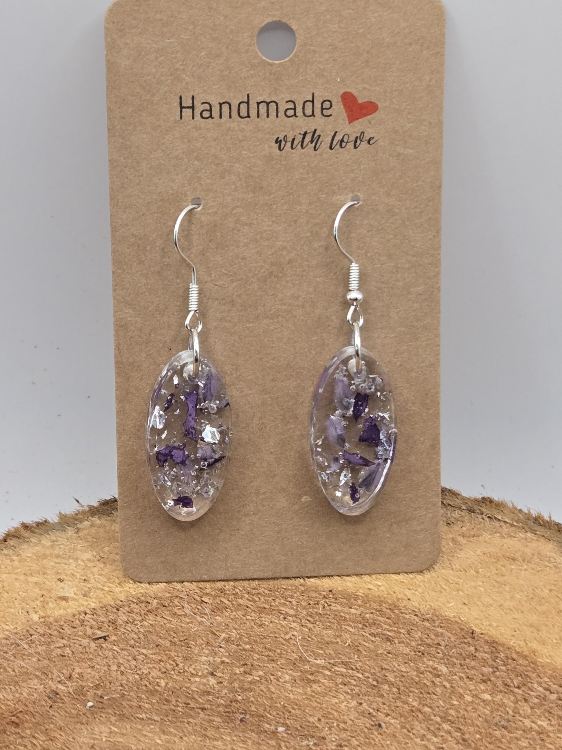 Real Flower Oval Earrings – Petunia & Russian Sage with Silver | Botanical Resin Jewelry with Symbolism