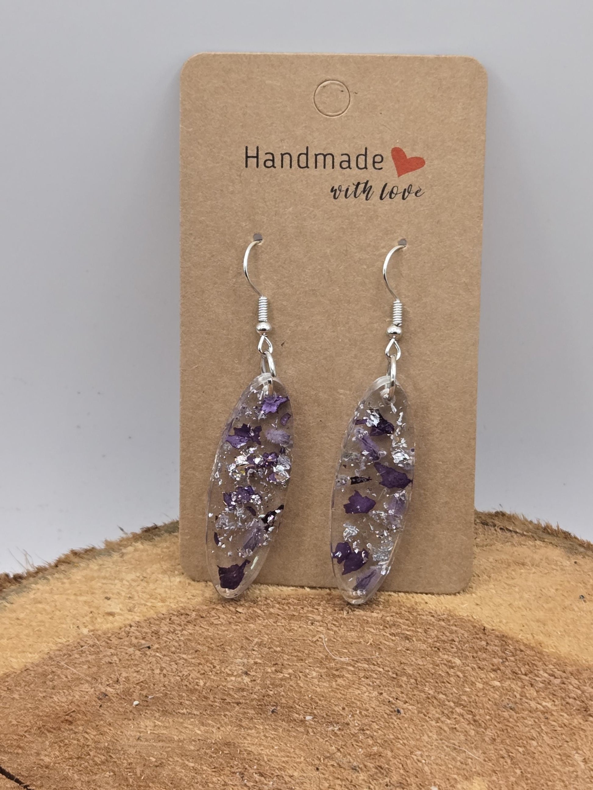Real Flower Oval Earrings – Petunia & Russian Sage with Silver | Botanical Resin Jewelry with Symbolism
