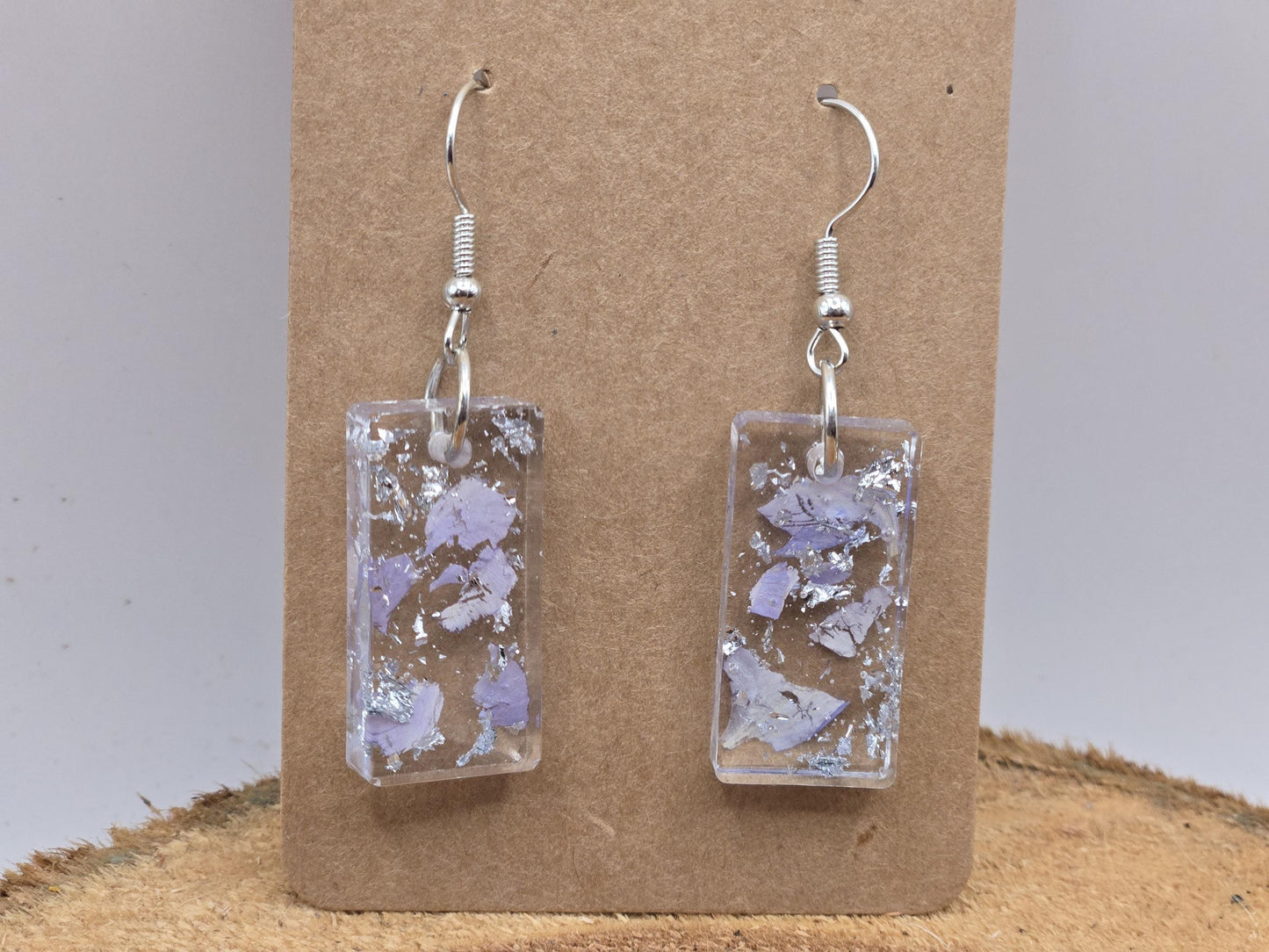 Pressed Hydrangea Resin Earrings – Lavender, Silver Flake Real Flower Jewelry