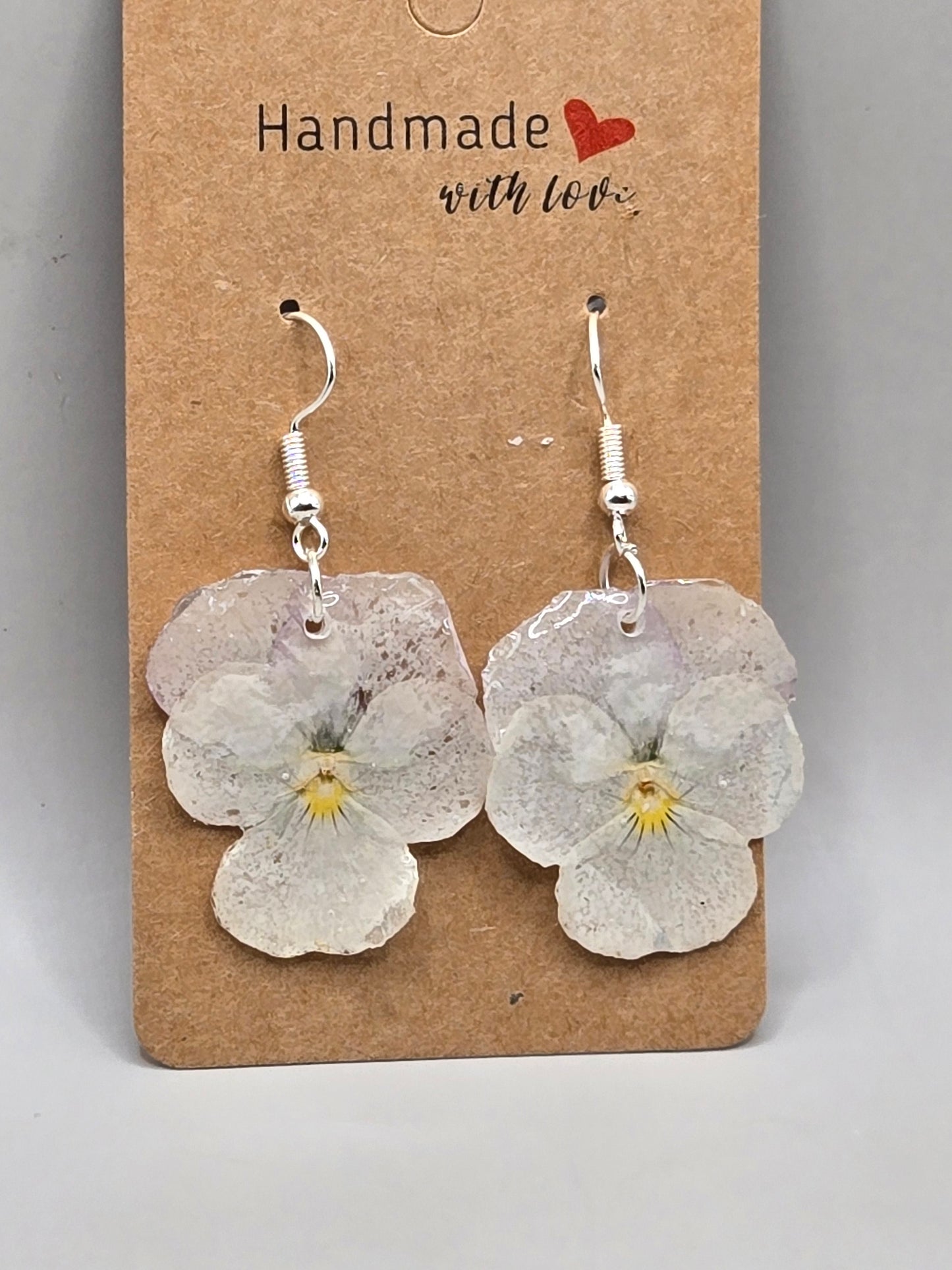 Pressed Pansy Earrings, Botanical Jewelry, White Pansy