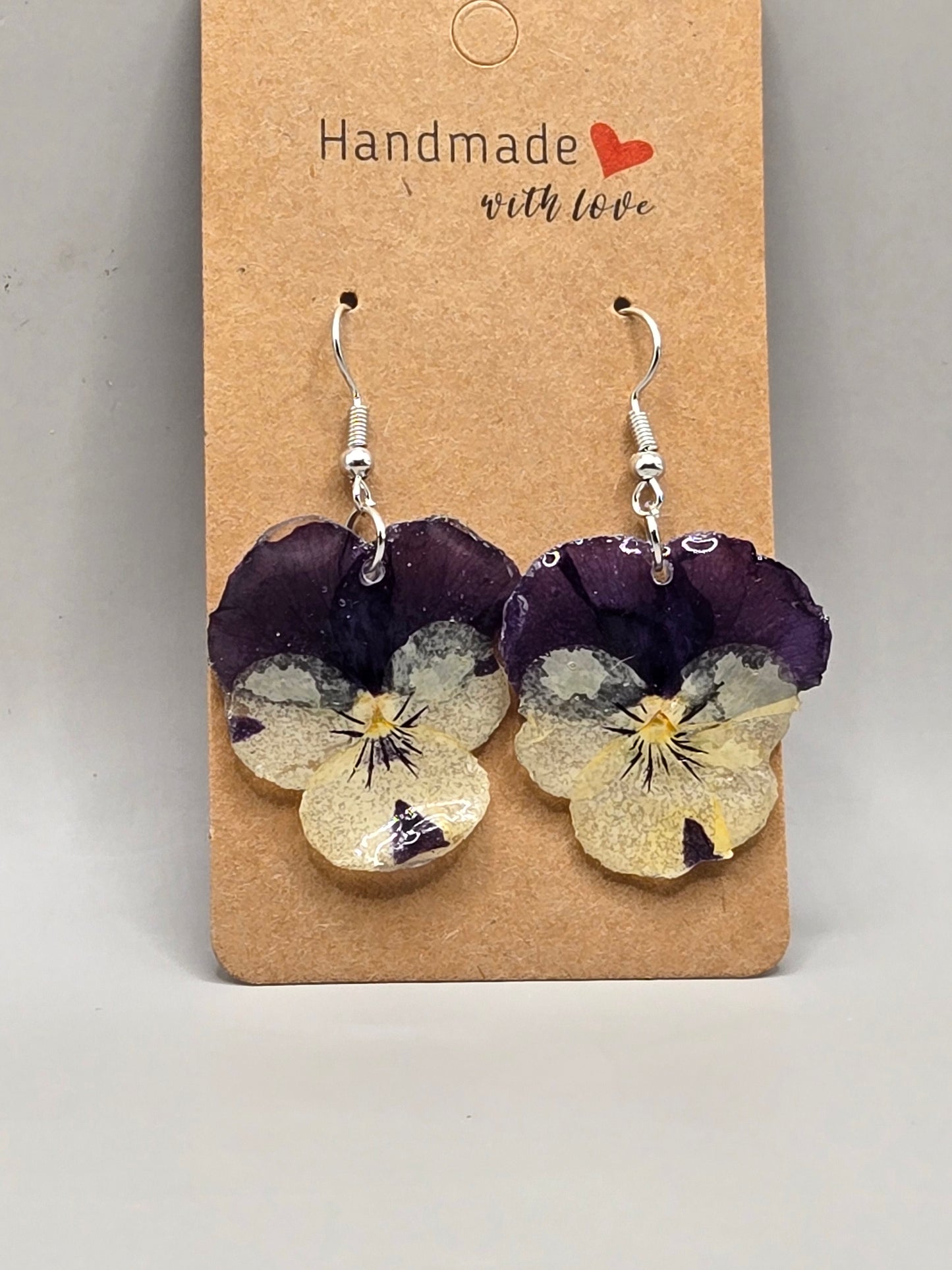 Pressed Pansy Earrings, Blue Yellow, Botanical Jewelry