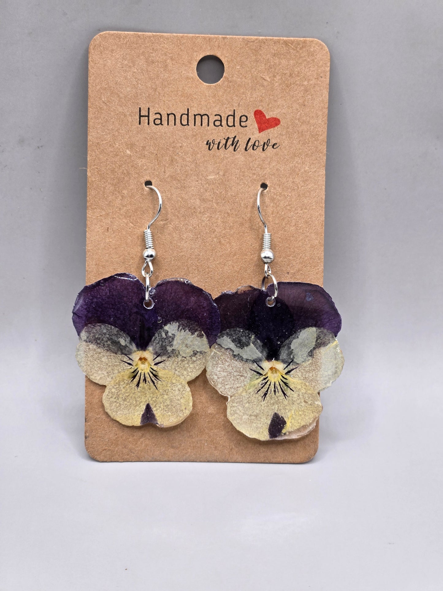 Pressed Pansy Earrings, Blue Yellow, Botanical Jewelry