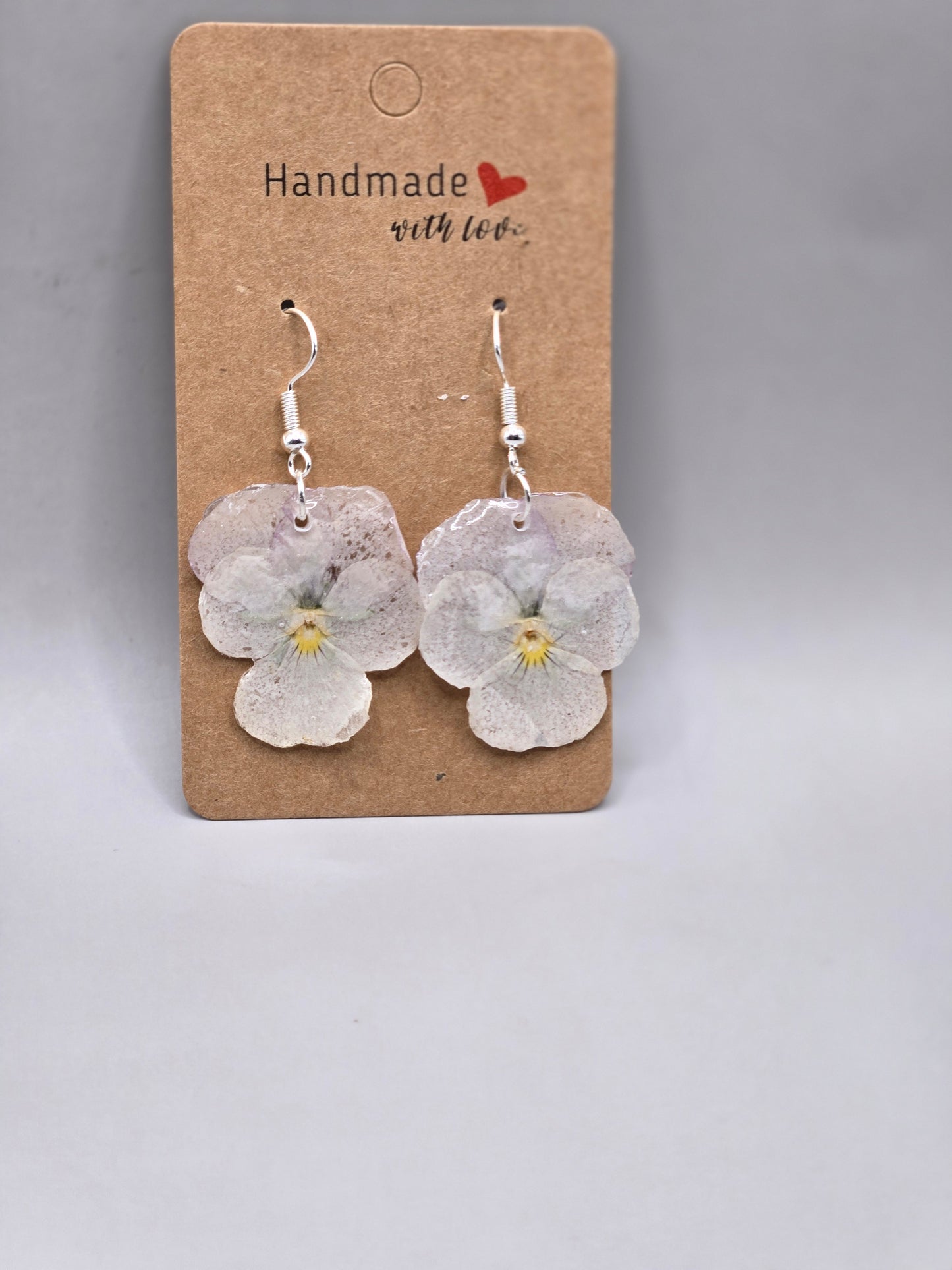 Pressed Pansy Earrings, Botanical Jewelry, White Pansy
