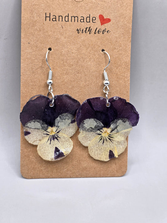 Pressed Pansy Earrings, Blue Yellow, Botanical Jewelry